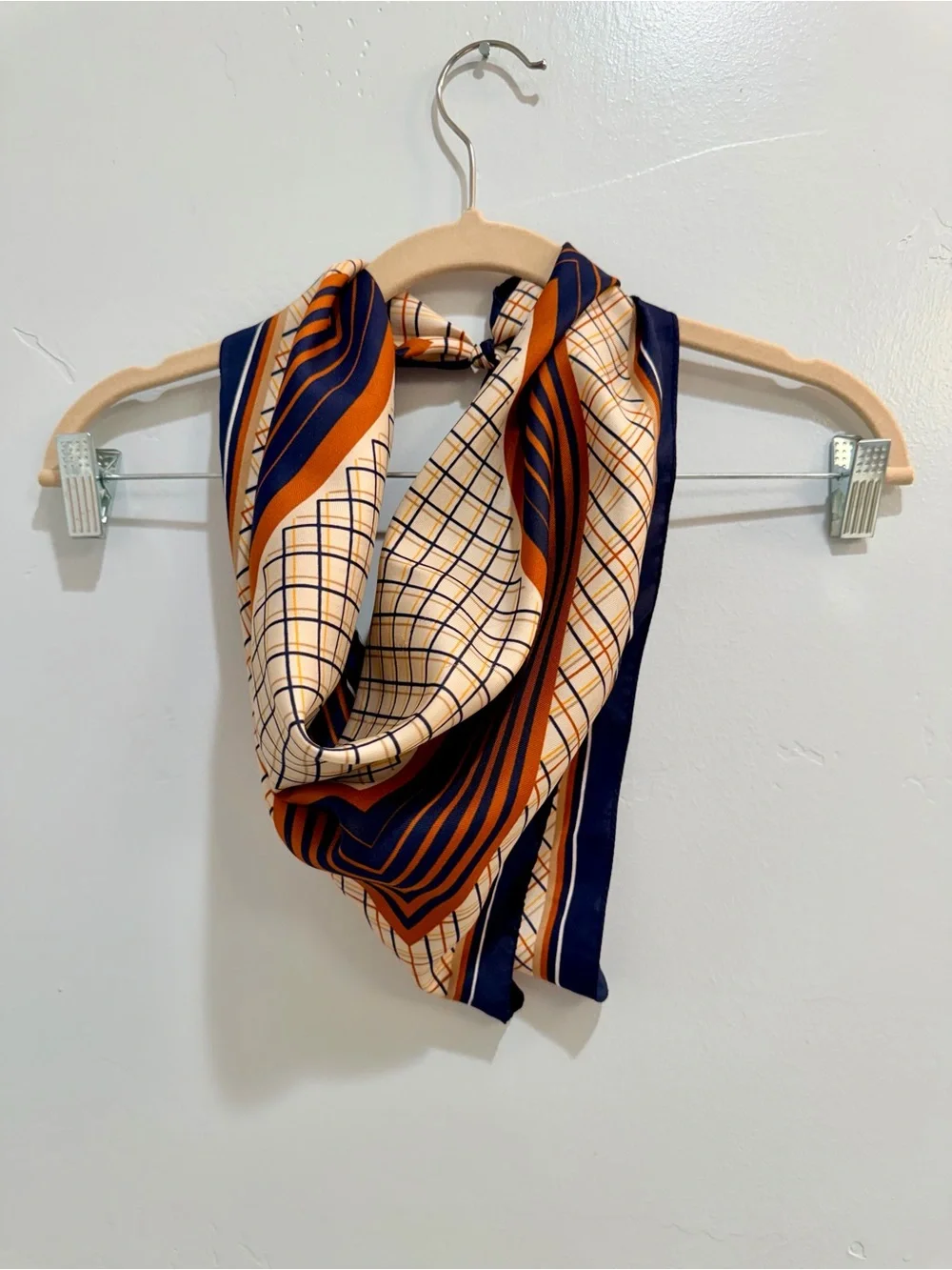 70s Vintage Geometric Plaid Striped Satin Neck Scarf Rust Orange Navy Fall 26”